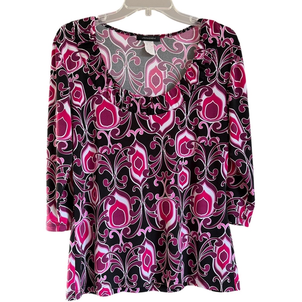 Jonden Vintage XL Pink Purple Black Damask Print Ruffle Neck 3/4 Sleeve Blouse